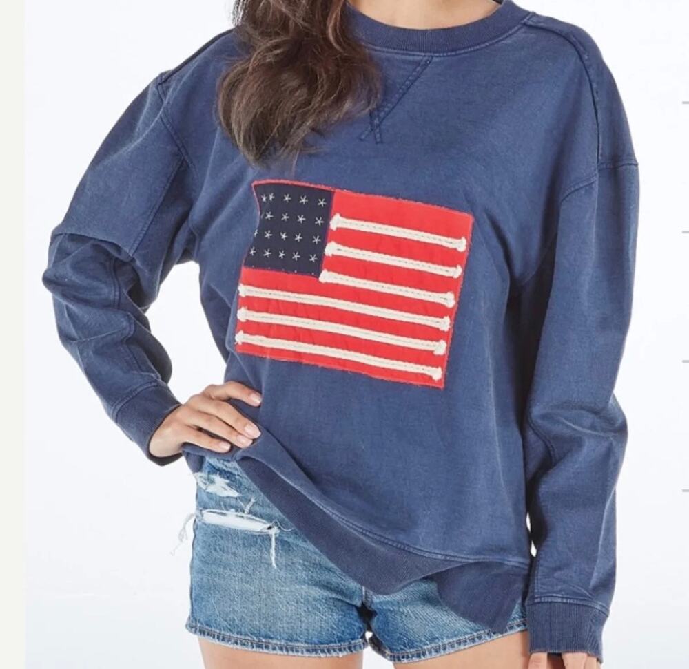 Simply Southern vintage Blue Wash Embroidered American Flag Crewneck-Size XL